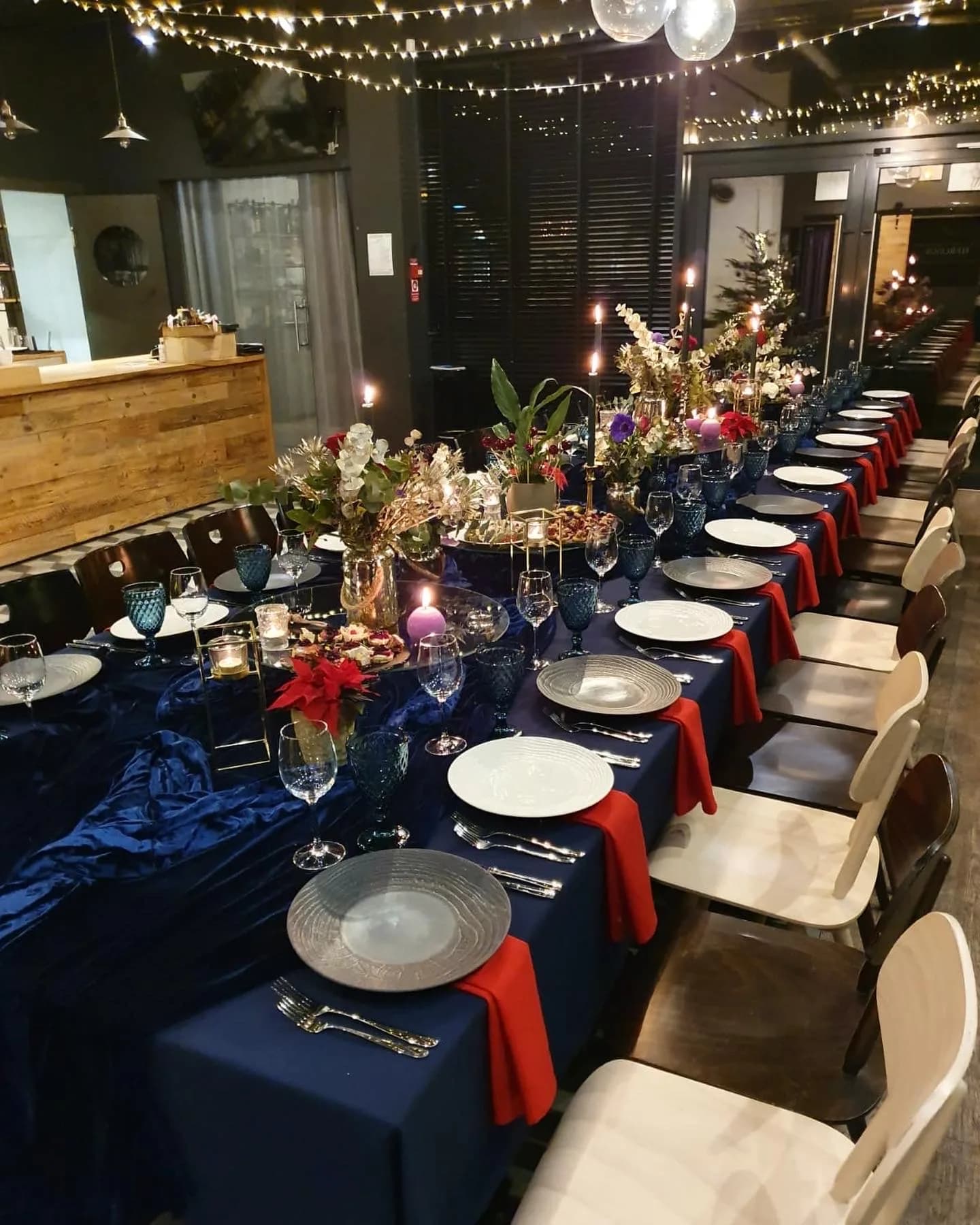 Navy blue square tablecloth rental