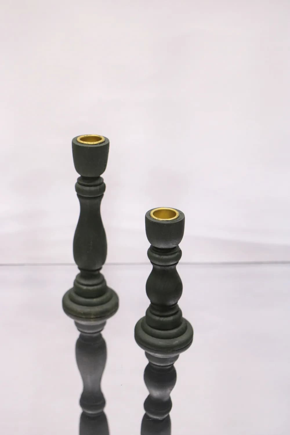 Green wooden taper candle holder rental